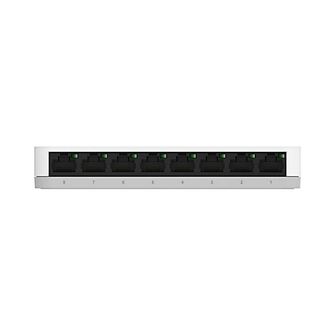 Ein weißer Ethernet-Switch mit acht Anschlüssen, die von 1 bis 8 nummeriert sind. Die Anschlüsse sind mit grünen LEDs versehen.