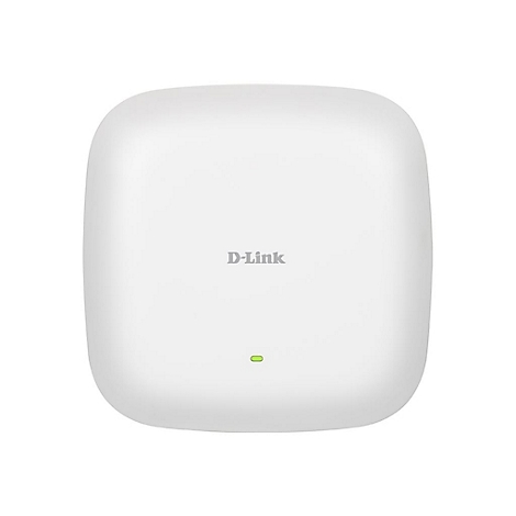 Weißer D-Link WLAN-Router. Auf der Oberfläche ist das Logo und eine grüne Status-LED zu sehen.