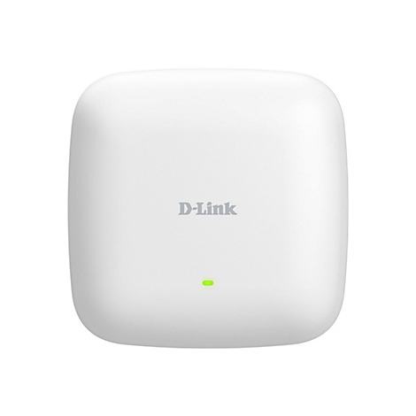Weißes D-Link-Gerät, abgerundete Form, D-Link-Logo mittig, grüne Leuchtdiode unten.