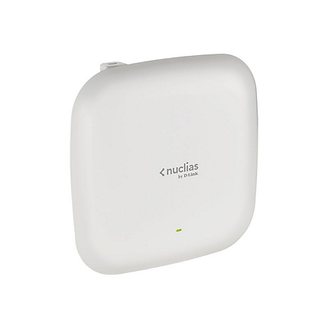 Weißer, quadratischer D-Link Nuclias WLAN-Access-Point mit abgerundeten Ecken und grüner Status-LED.