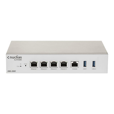 Silberner Nuclias D-Link DBG-2000 Netzwerk-Router mit Ethernet-Anschlüssen, Konsolen-Port und USB-Schnittstellen.