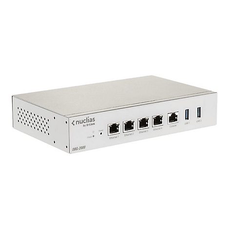 D-Link Nuclias DBG-2000 Gateway, ein silbernes Gehäuse mit vier Ethernet-Ports, einem Konsolen-Port und zwei USB-Anschlüssen.