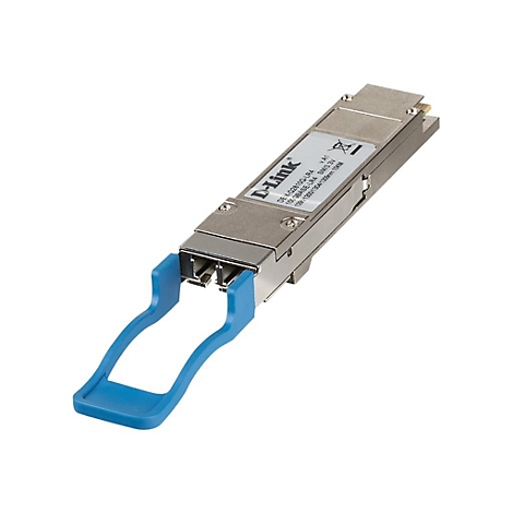 Ein silbernes D-Link-Modul mit blauem Hebel. Aufschrift: D-Link, DEM-Q28100-LR4, 100GBASE-LR4 SM/3.3V.