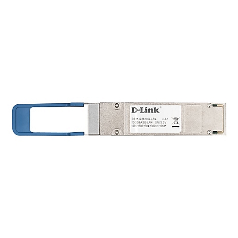 Ein graues D-Link-Modul mit blauem Hebel und weißen Aufschriften. Aufschrift: DEM-Q2810Q-LR4.