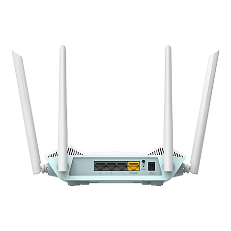 Hellblau-weißer Router vor weißem Hintergrund. Mit vier Antennen, Steckplätzen und Anschlüssen.