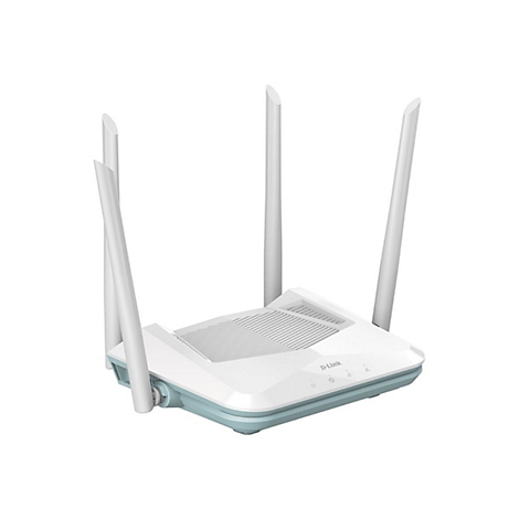 Draufsicht auf einen weißen Router mit 4 Antennen. Unterseite und die Seiten in hellblau. Auf der Oberseite steht D-Link.