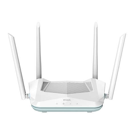 Weißer D-Link Router mit vier Antennen, auf hellblauem Sockel, vor weißem Hintergrund.