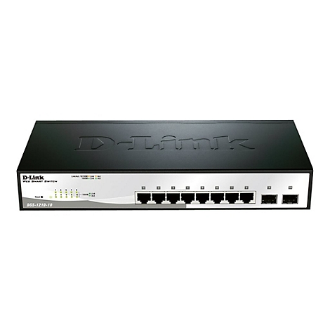 Schwarzer D-Link Web Smart Switch mit 10 Ports, beschriftet mit "D-Link" und "DGS-1210-10".