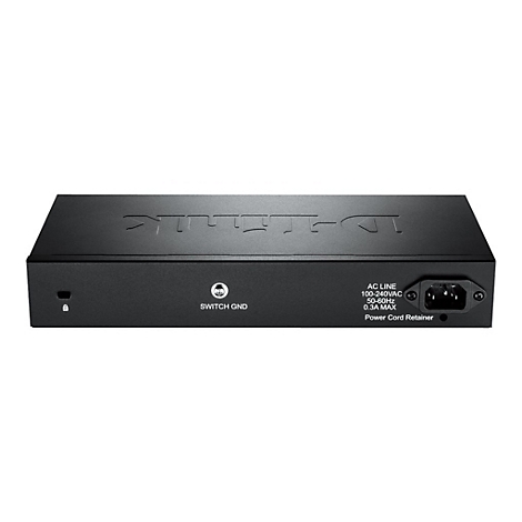 Schwarzer D-Link Switch, Ansicht von vorne. Beschriftung: AC LINE, 100-240VAC, 50-60Hz, 0.3A MAX, Power Cord Retainer. Auf der Oberseite D-Link Logo.