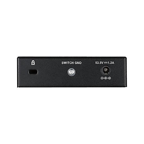 Detailansicht eines schwarzen Switches mit Anschlüssen, Beschriftungen und Stromanschluss.