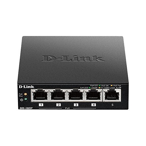Schwarzer D-Link Netzwerk Switch mit 5 Anschlüssen, Beschriftungen und LED-Anzeigen. Das Gerät ist quadratisch und hat das D-Link Logo.