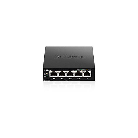 Schwarzer D-Link Netzwerk Switch mit fünf Ports, Beschriftung und Status-LEDs.