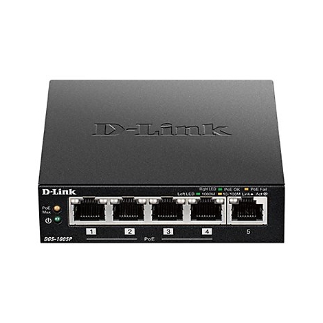 Schwarzer D-Link Netzwerkswitch. Fünf Netzwerkanschlüsse unten. LED-Anzeigen für Strom und Netzwerkaktivität.