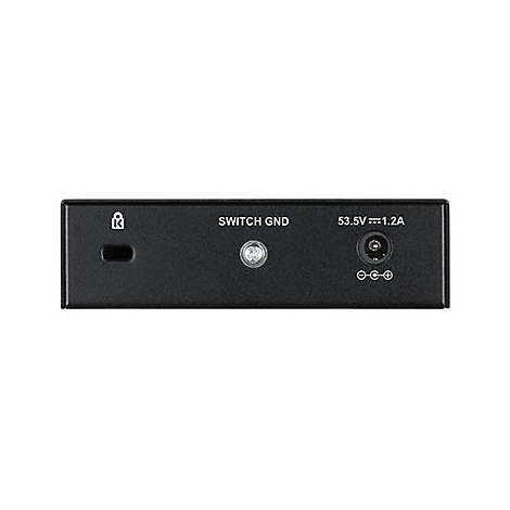 Schwarzes Gerät mit Anschlüssen. Beschriftung: SWITCH GND, 53.5V⎓1.2A. Ein Schloss-Symbol und eine runde LED.