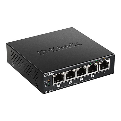 Schwarzer D-Link Netzwerkswitch mit fünf Ports, Beschriftungen und LED-Anzeigen. Das Gerät ist vor weißem Hintergrund abgebildet.