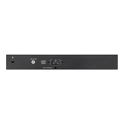 Arrière d'un switch réseau noir, avec des ports pour les câbles d'alimentation et de données. Étiquettes : Switch GND, AC Line, Power Cord Retainer.