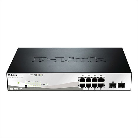 Ein schwarzer D-Link Netzwerkswitch. Front mit Ports, Kontrollleuchten, und der Aufschrift "D-Link".