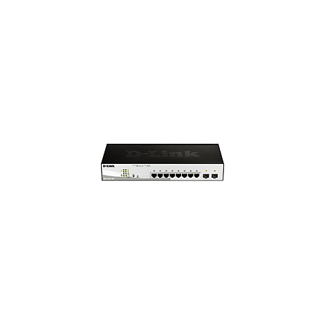 Ein schwarzer D-Link Netzwerkswitch. Graue Unterseite mit Ports, LED-Anzeige. D-Link-Logo. Text: DES-1008A.