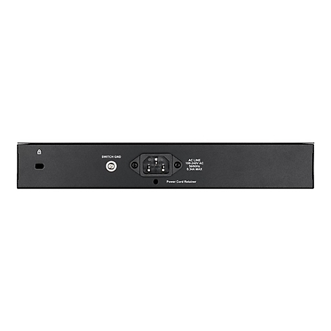 Arrière d'un switch réseau noir avec des connexions d'alimentation et de terre.