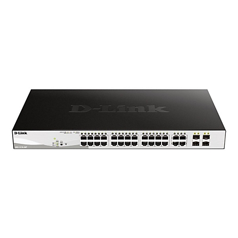 Commutateur D-Link noir avec de nombreux ports et indicateurs LED, sur fond blanc.