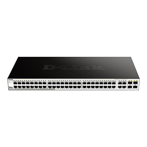 Commutateur réseau D-Link noir. Nombreux ports pour câbles Ethernet. Inscription : D-Link.
