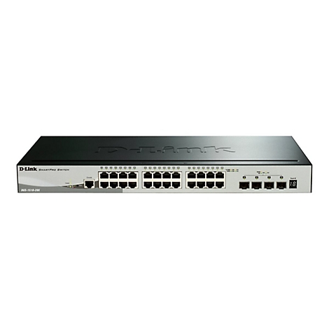 Un commutateur D-Link SmartPro, noir, avec plusieurs ports et des voyants. Logo D-Link, numéro de modèle DGS-1510-28X.