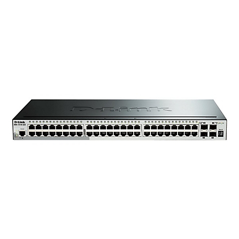 Commutateur réseau D-Link noir avec de nombreuses options de connexion et affichage.