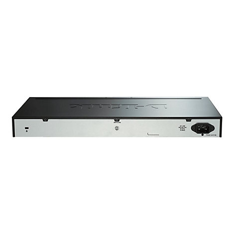 Arrière d'un switch réseau noir, avec des ports, des étiquettes et un connecteur d'alimentation.