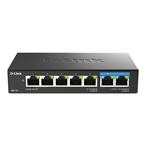 Commutateur D-Link noir avec sept ports. Les ports sont allumés, avec du texte comme "10/100M" et "L 2.5G".