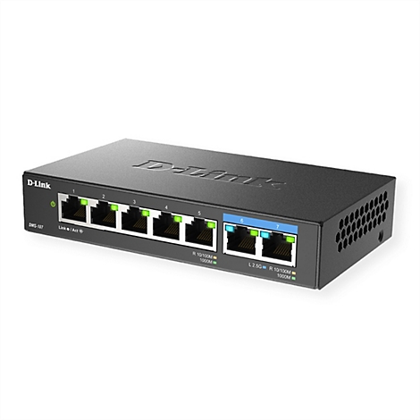 Un commutateur réseau D-Link noir, vu de côté. Sur le dessus se trouvent des ports avec des LED vertes et bleues.