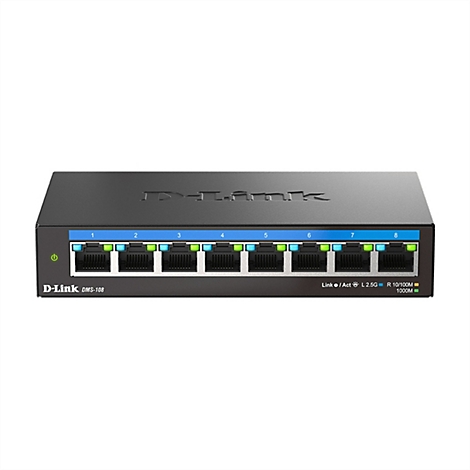 Commutateur D-Link DMS-108 noir. Huit ports, éclairés en vert et bleu, indiquent l'activité. Les logos et les désignations de produits sont clairement visibles.