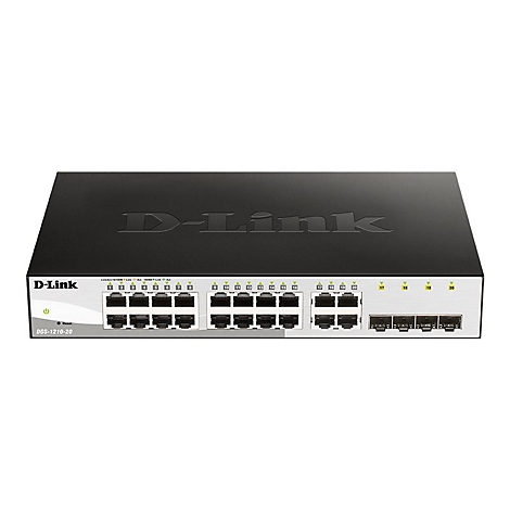 Ein schwarzer D-Link Netzwerkswitch mit zahlreichen Anschlüssen und Anzeigen.