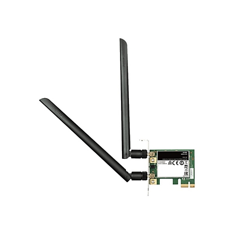 Ein PC-Netzwerkadapter von D-Link mit zwei schwarzen Antennen. Der Adapter hat einen grünen Chip mit Schriftzügen.