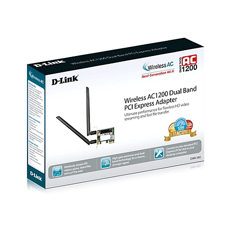 D-Link Wireless AC 1200 Dual-Band PCI Express Adapter Box, Produktbild mit Antennen.