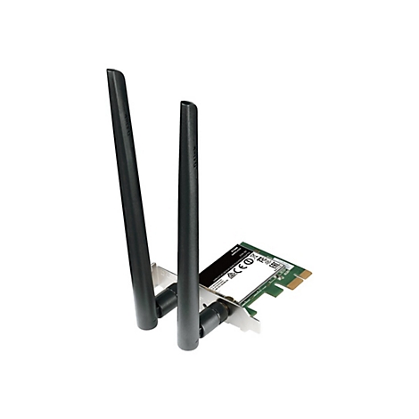 Drahtlose Netzwerkkarte mit zwei Antennen, schwarze Antennen auf weißem Hintergrund.