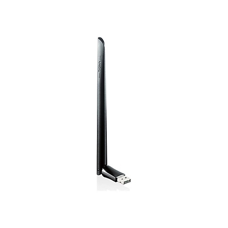 Schwarzer D-Link USB-WLAN-Adapter mit Antenne, Detailaufnahme auf weißem Hintergrund.