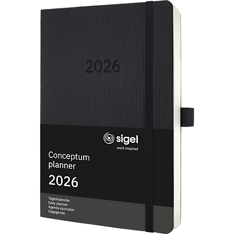 Zwarte Conceptum planner 2026 met elastiek en bladwijzer.