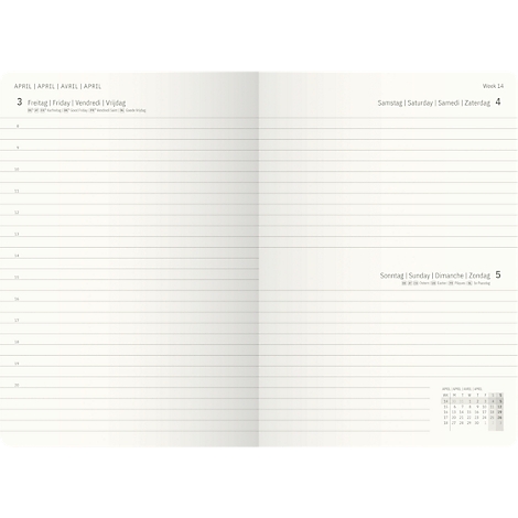Open boekpagina met gelijnde pagina's voor notities, datum bovenaan. Kleine kalender rechtsonder.