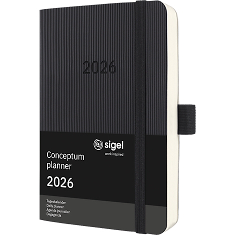 Zwarte Conceptum planner 2026 met elastiek en merklogo.