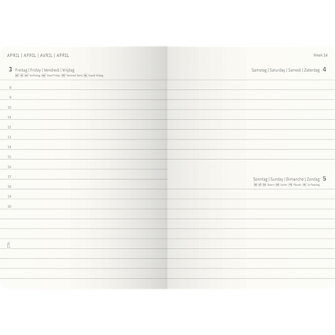 Open dubbele pagina van een notitieboek met de maand april en horizontale lijnen om in te vullen.