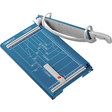 Blue paper cutter with white blade and handle, on blue base with measurements.
