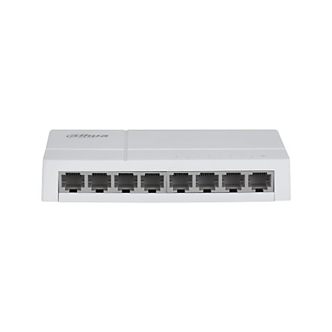 Ein weißer Dahua Netzwerk-Switch mit acht LAN-Anschlüssen vor einem weißen Hintergrund.