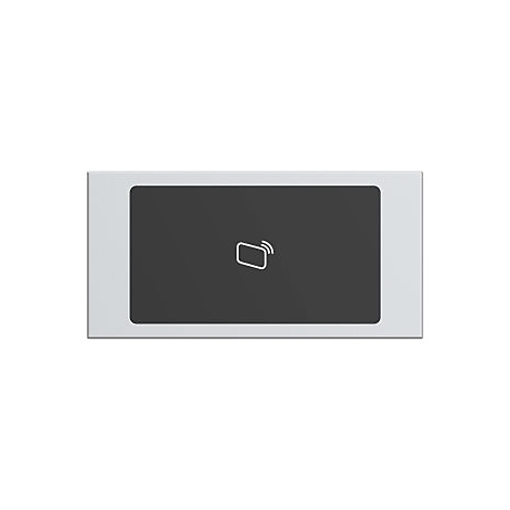 Rechteckiges graues Wandpanel mit einem dunklen Sensorfeld und einem weißen NFC-Symbol in der Mitte.