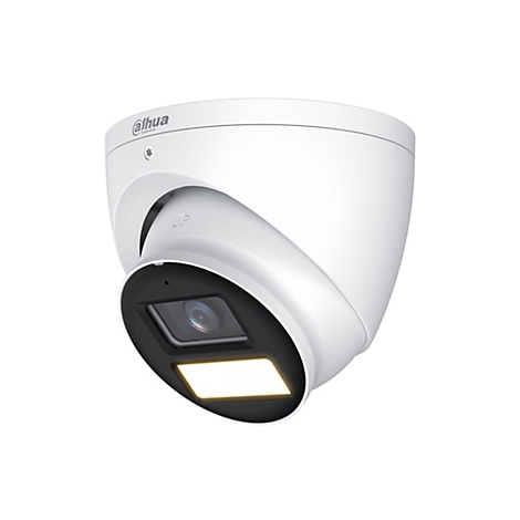 Weiße Dahua Überwachungskamera in Kuppelform vor weißem Hintergrund mit Linse und LED-Licht.