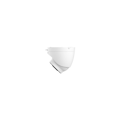 Weiße Überwachungskamera im Dome-Design, Seitenansicht vor weißem Hintergrund.