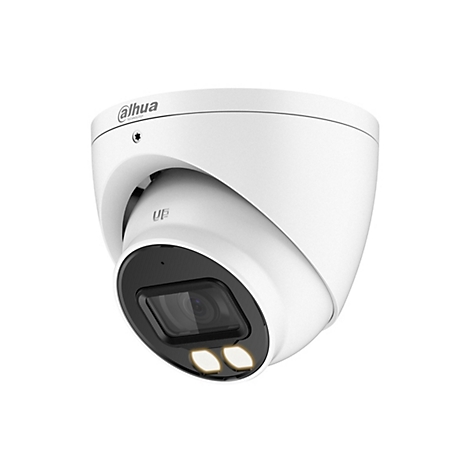 Weiße Dahua Turret-Überwachungskamera vor weißem Hintergrund mit zwei integrierten LED-Leuchten.
