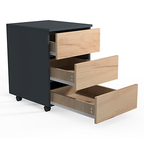 Dark grey mobile pedestal with three open drawers made of light wood. On castors.