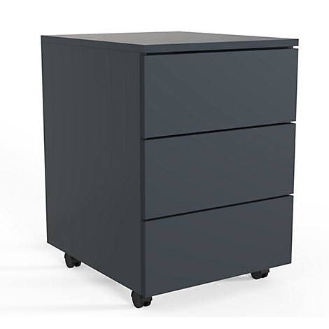 Dark gray mobile pedestal with three drawers. Black wheels.