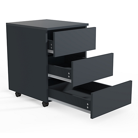 Dark gray three-drawer rolling file cabinet with drawers open against white background.