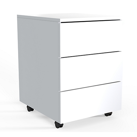 White, three-drawer mobile pedestal with black castors on a white background.